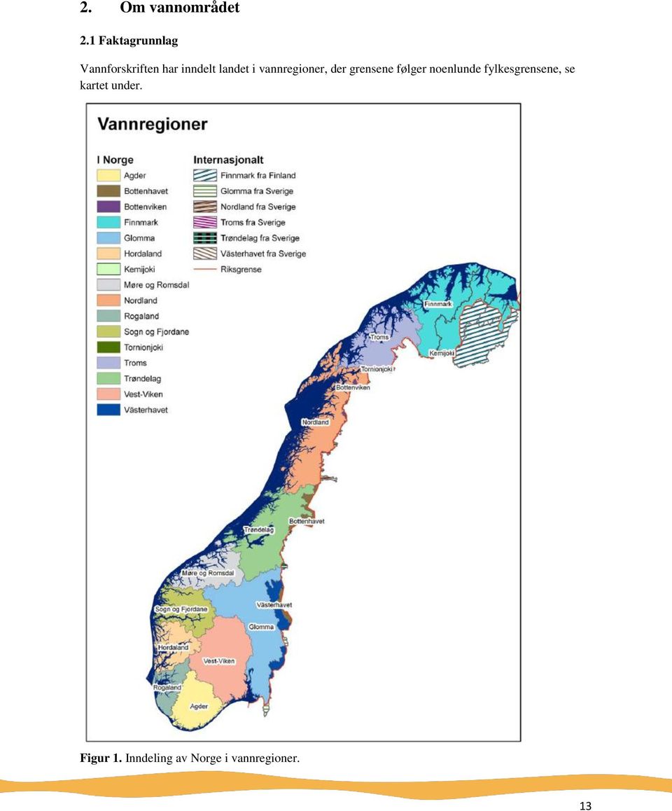 landet i vannregioner, der grensene følger