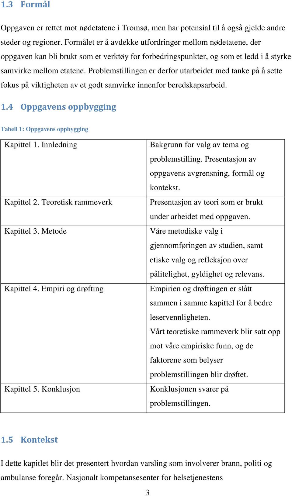 Problemstillingen er derfor utarbeidet med tanke på å sette fokus på viktigheten av et godt samvirke innenfor beredskapsarbeid. 1.4 Oppgavens oppbygging Tabell 1: Oppgavens oppbygging Kapittel 1.