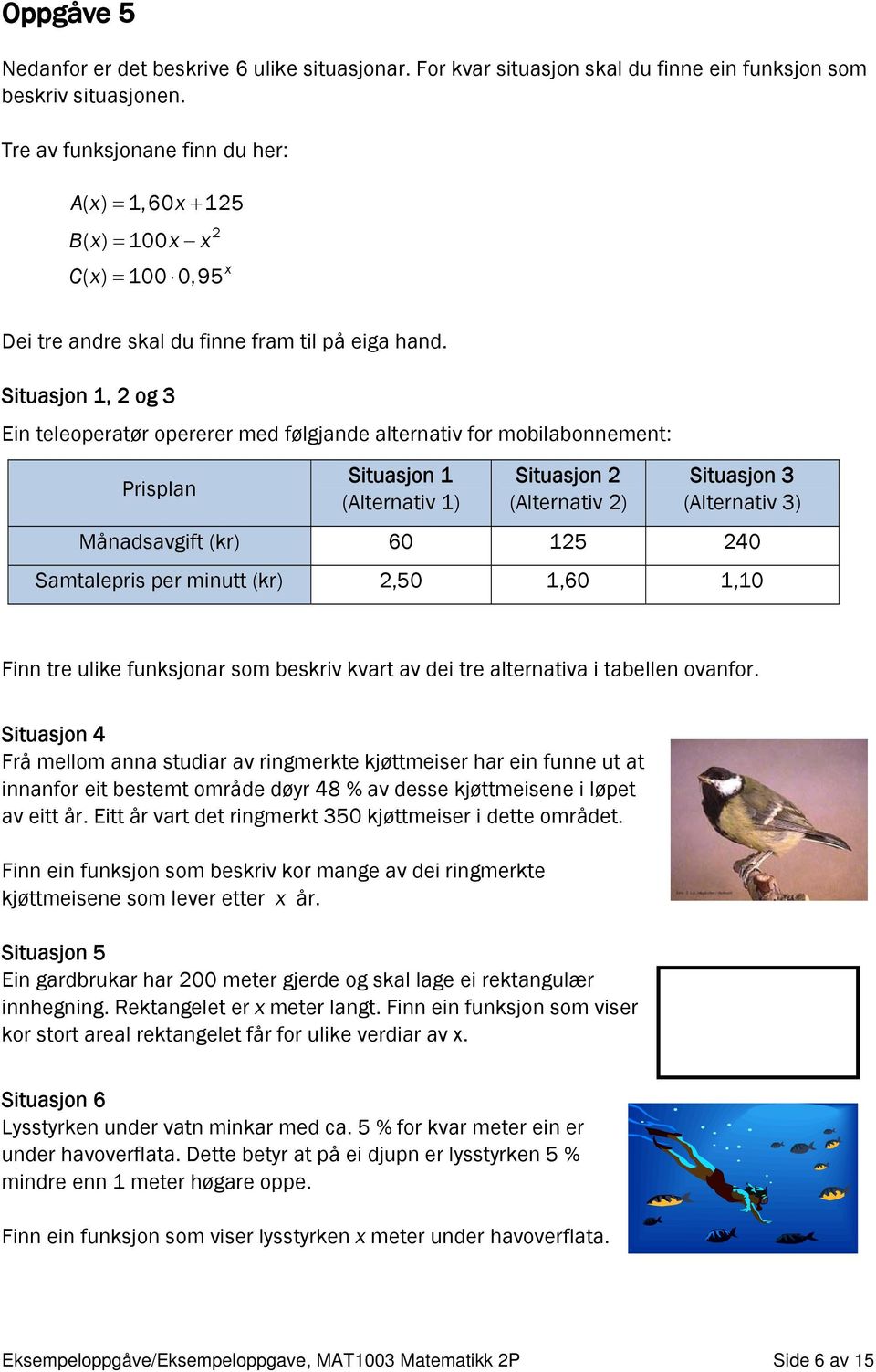 Situasjon 1, 2 og 3 Ein teleoperatør opererer med følgjande alternativ for mobilabonnement: Prisplan Situasjon 1 Situasjon 2 Situasjon 3 (Alternativ 1) (Alternativ 2) (Alternativ 3) Månadsavgift (kr)