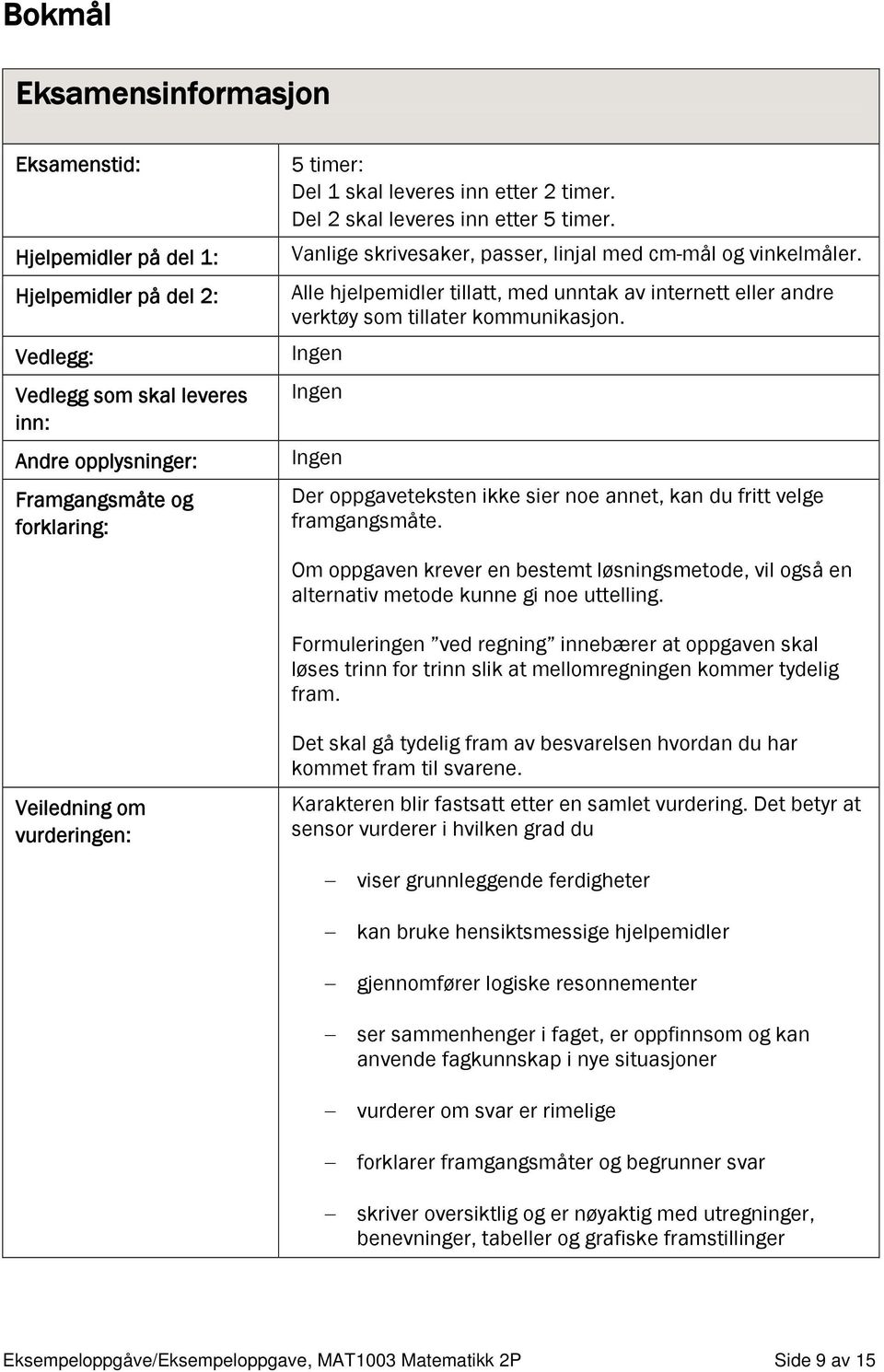 Alle hjelpemidler tillatt, med unntak av internett eller andre verktøy som tillater kommunikasjon. Ingen Ingen Ingen Der oppgaveteksten ikke sier noe annet, kan du fritt velge framgangsmåte.