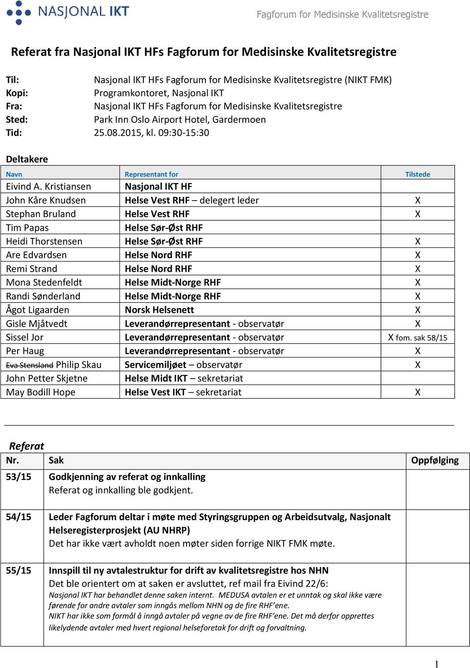 Kristiansen Nasjonal IKT HF John Kåre Knudsen Helse Vest RHF delegert leder X Stephan Bruland Helse Vest RHF X Tim Papas Helse Sør-Øst RHF Heidi Thorstensen Helse Sør-Øst RHF X Are Edvardsen Helse