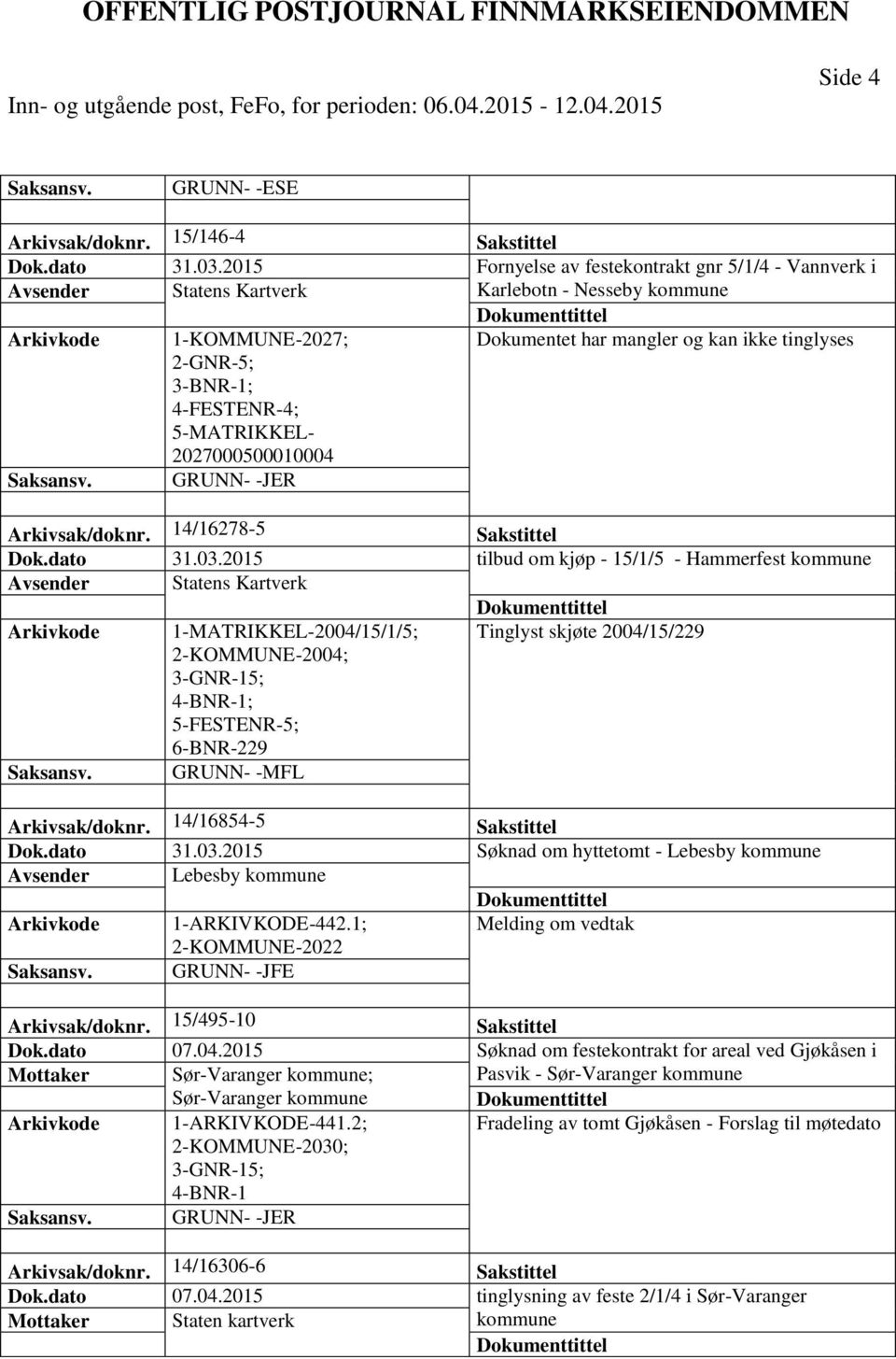 4-FESTENR-4; 5-MATRIKKEL- 2027000500010004 Arkivsak/doknr. 14/16278-5 Sakstittel Dok.dato 31.03.