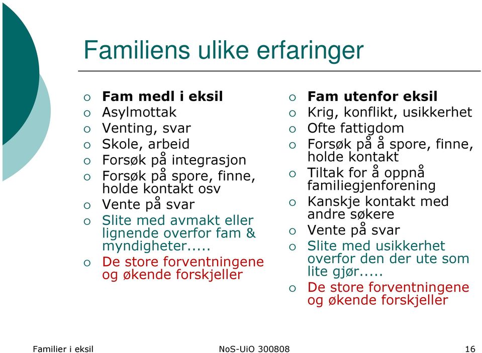 .. De store forventningene og økende forskjeller Fam utenfor eksil Krig, konflikt, usikkerhet Ofte fattigdom Forsøk på å spore, finne, holde