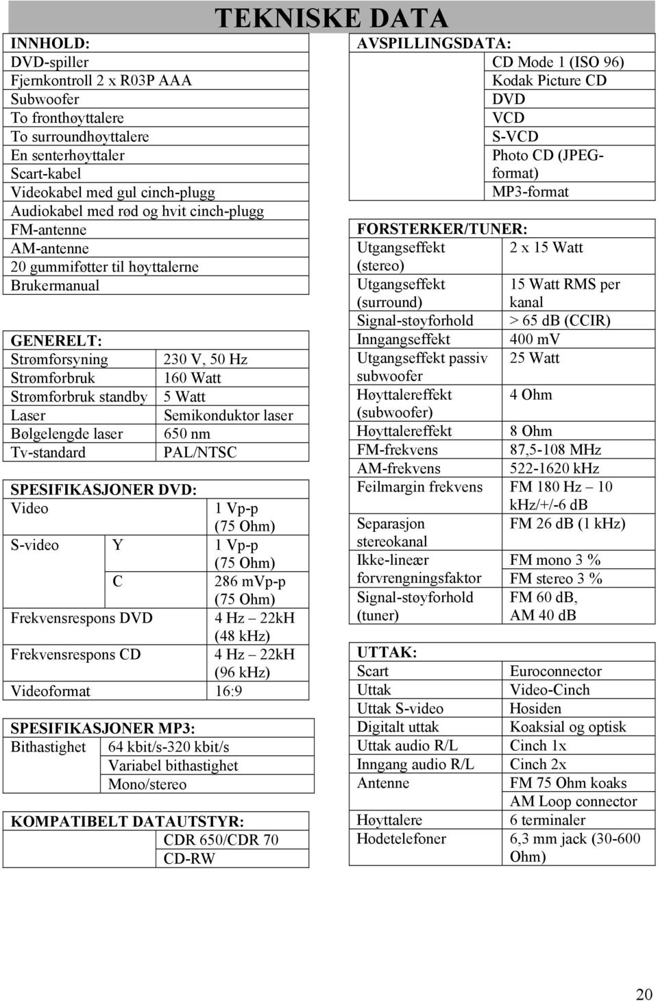 Watt Semikonduktor laser 650 nm PAL/NTSC SPESIFIKASJONER DVD: Video 1 Vp-p (75 Ohm) S-video Y 1 Vp-p (75 Ohm) C 286 mvp-p (75 Ohm) Frekvensrespons DVD 4 Hz 22kH (48 khz) Frekvensrespons CD 4 Hz 22kH