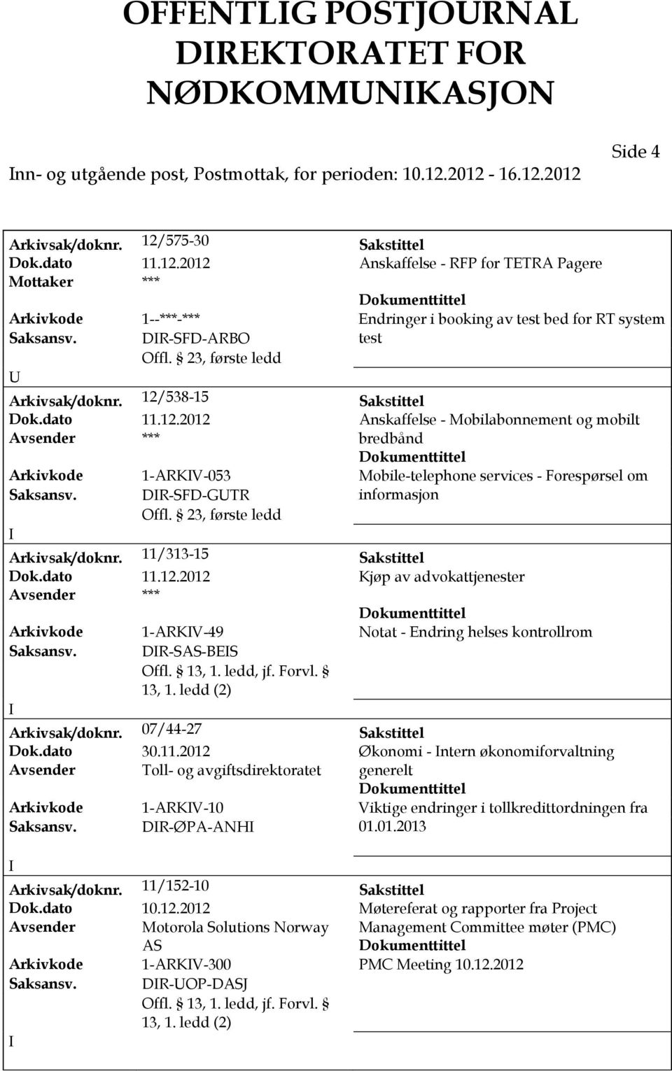 DR-SFD-ARBO test Arkivsak/doknr. 12/538-15 Sakstittel Dok.dato 11.12.2012 Anskaffelse - Mobilabonnement og mobilt Avsender *** bredbånd Arkivkode 1-ARKV-053 Mobile-telephone services - Forespørsel om Saksansv.