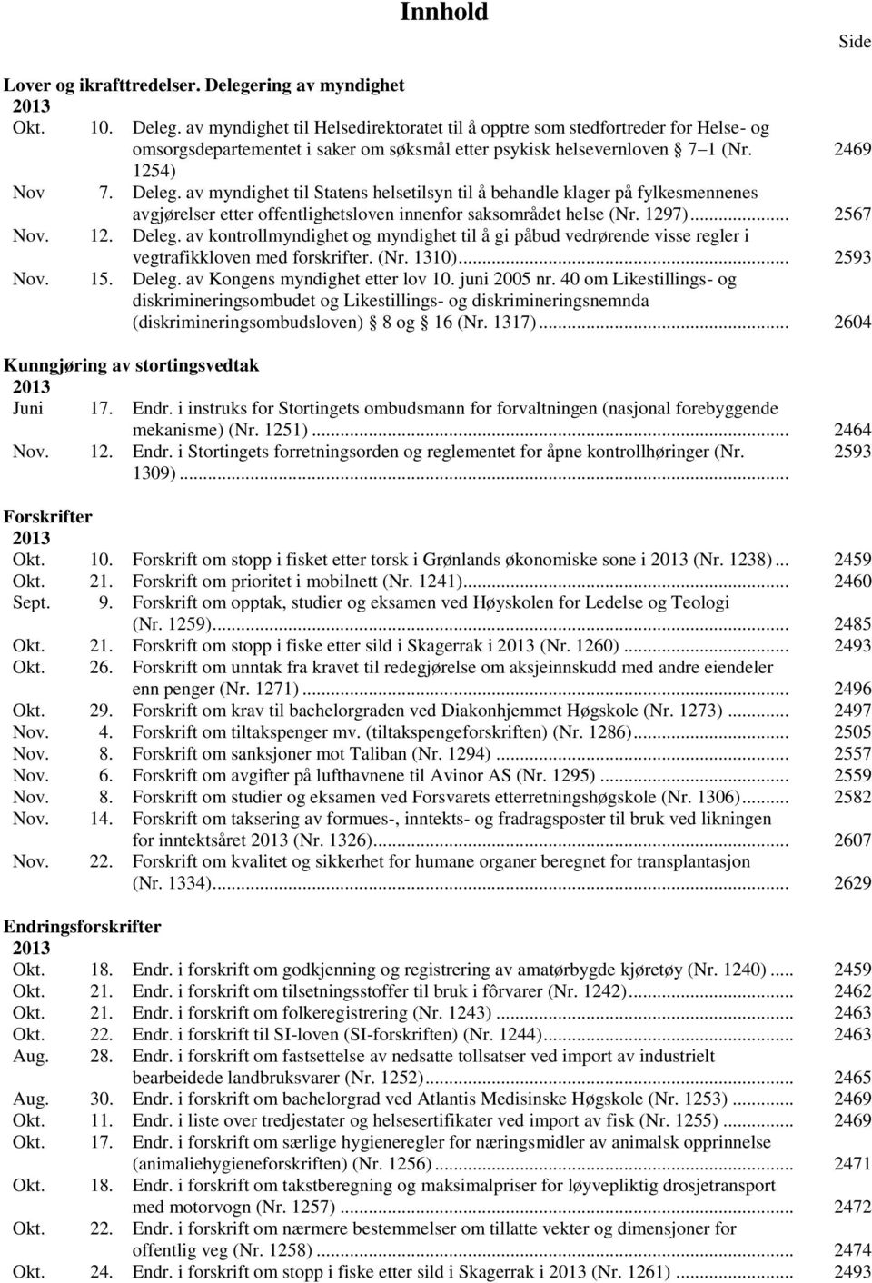 2469 1254) Nov 7. Deleg. av myndighet til Statens helsetilsyn til å behandle klager på fylkesmennenes avgjørelser etter offentlighetsloven innenfor saksområdet helse (Nr. 1297)... 2567 Nov. 12. Deleg. av kontrollmyndighet og myndighet til å gi påbud vedrørende visse regler i vegtrafikkloven med forskrifter.