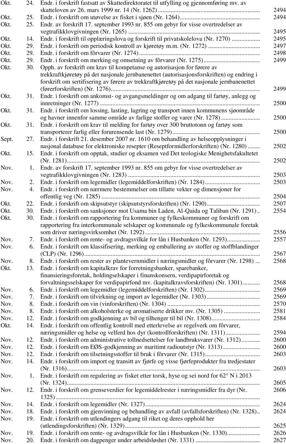 1270)... 2495 Okt. 29. Endr. i forskrift om periodisk kontroll av kjøretøy m.m. (Nr. 1272)... 2497 Okt. 29. Endr. i forskrift om fôrvarer (Nr. 1274)... 2498 Okt. 29. Endr. i forskrift om merking og omsetning av fôrvarer (Nr.