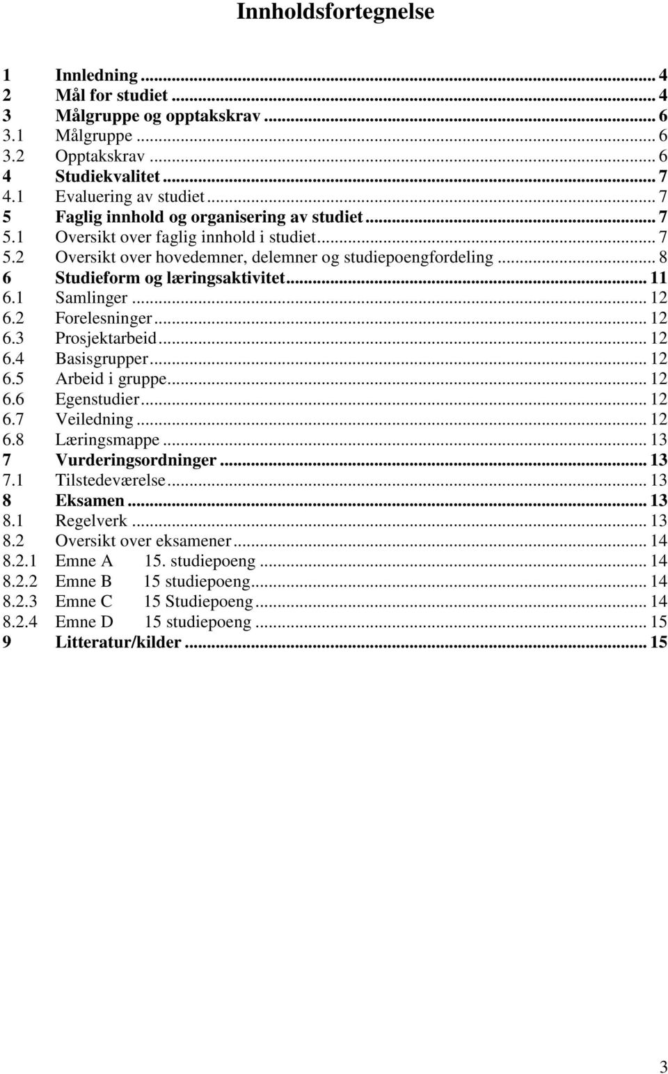 .. 8 6 Studieform og læringsaktivitet... 11 6.1 Samlinger... 12 6.2 Forelesninger... 12 6.3 Prosjektarbeid... 12 6.4 Basisgrupper... 12 6.5 Arbeid i gruppe... 12 6.6 Egenstudier... 12 6.7 Veiledning.