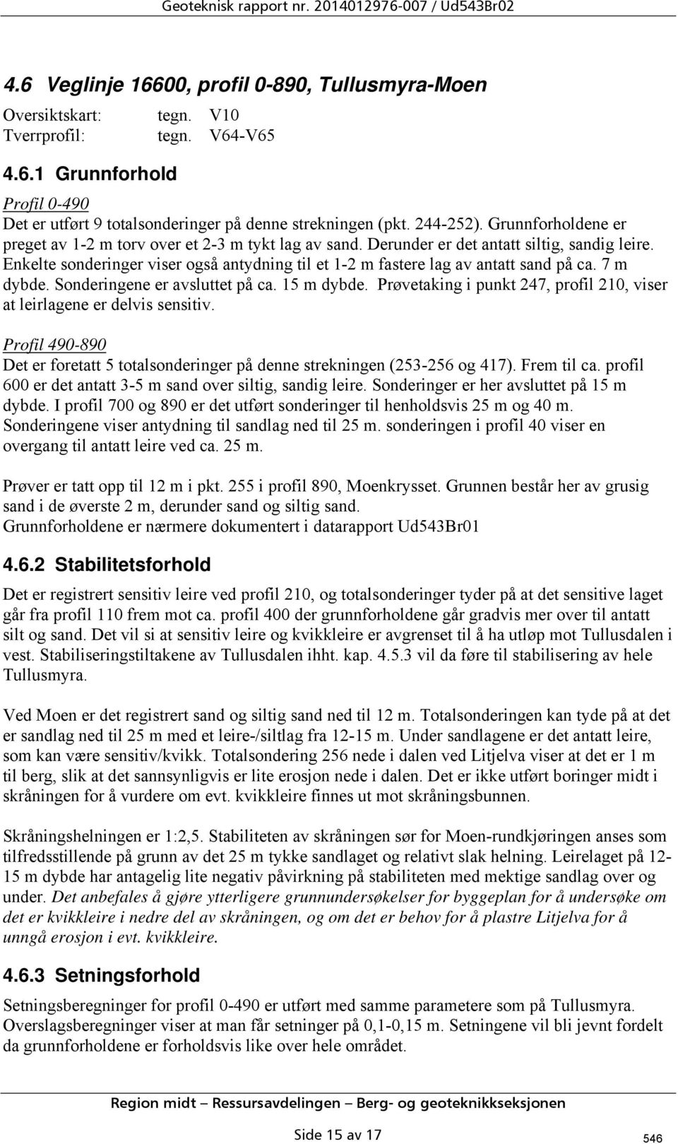 Derunder er det antatt siltig, sandig leire. Enkelte sonderinger viser også antydning til et 1-2 m fastere lag av antatt sand på ca. 7 m dybde. Sonderingene er avsluttet på ca. 15 m dybde.