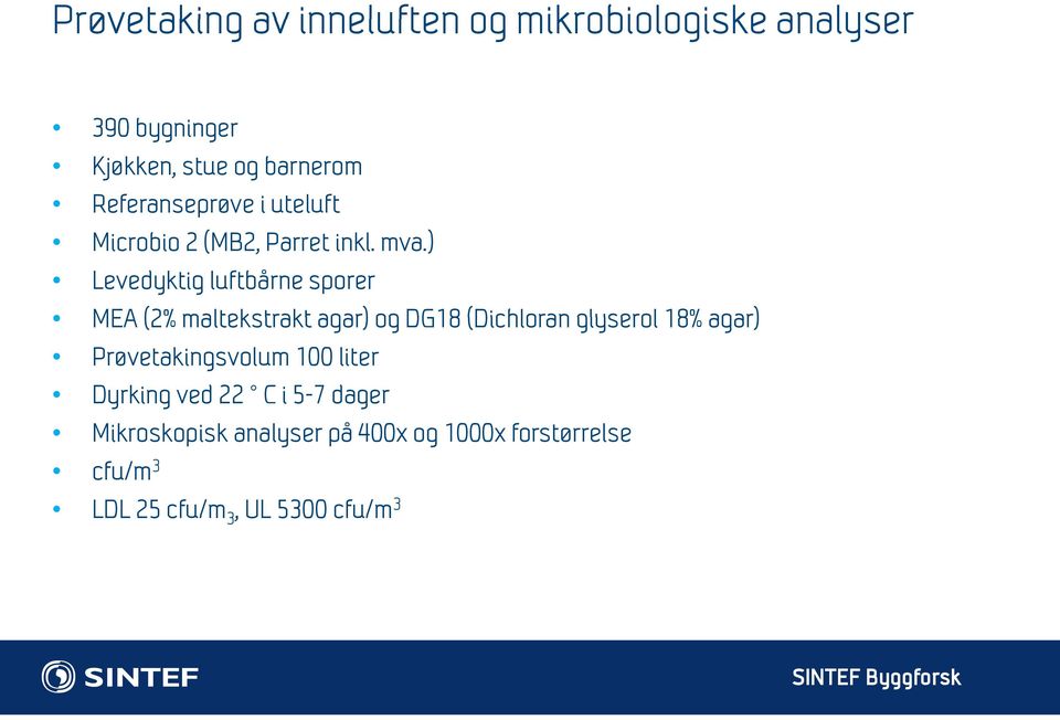 ) Levedyktig luftbårne sporer MEA (2% maltekstrakt agar) og DG18 (Dichloran glyserol 18% agar)