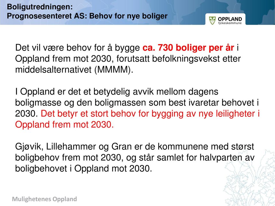 I Oppland er det et betydelig avvik mellom dagens boligmasse og den boligmassen som best ivaretar behovet i 2030.