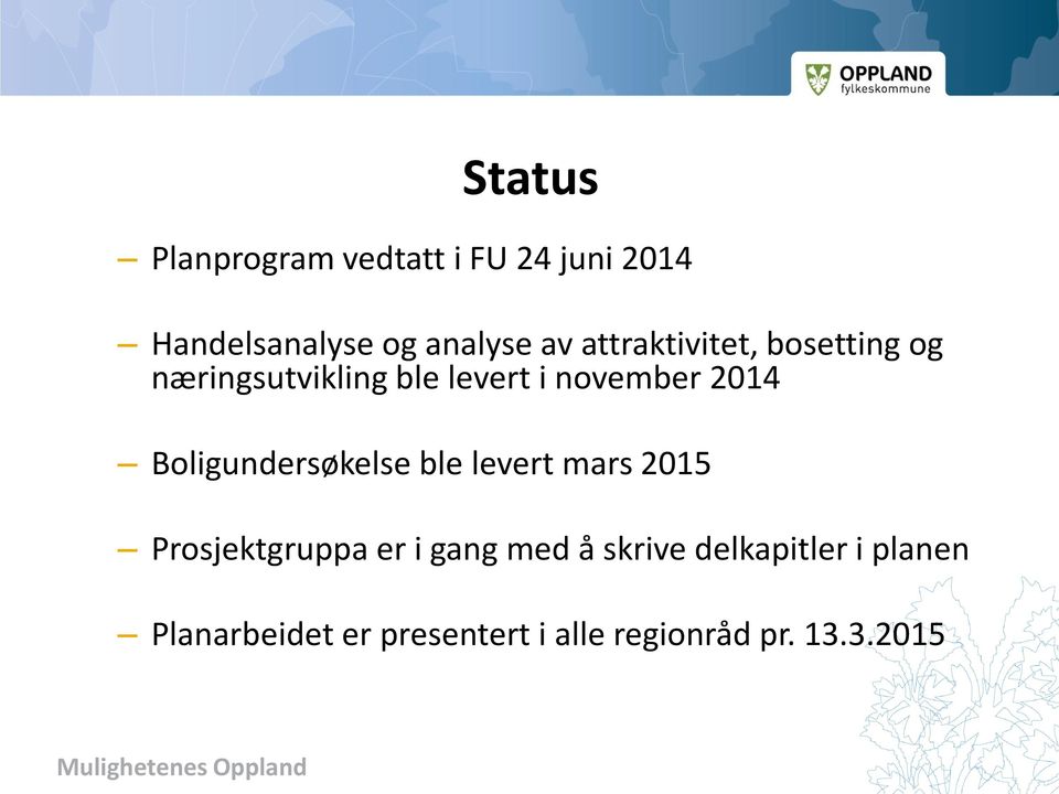 Boligundersøkelse ble levert mars 2015 Prosjektgruppa er i gang med å