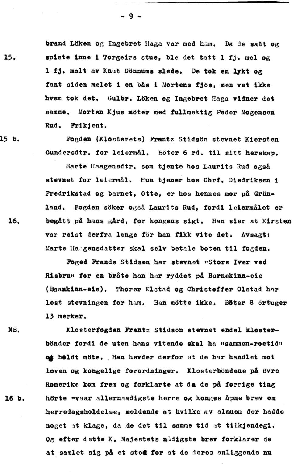 Fogden (Klosterets) Frantz Stidson stevnet Kiersten Gundersdtr. tor leiermål. Boter 6 rd. til sitt herskap. Marte Haagensdtr. som tjente hos Lllurlts Hud også stevnet tor lelermlil.