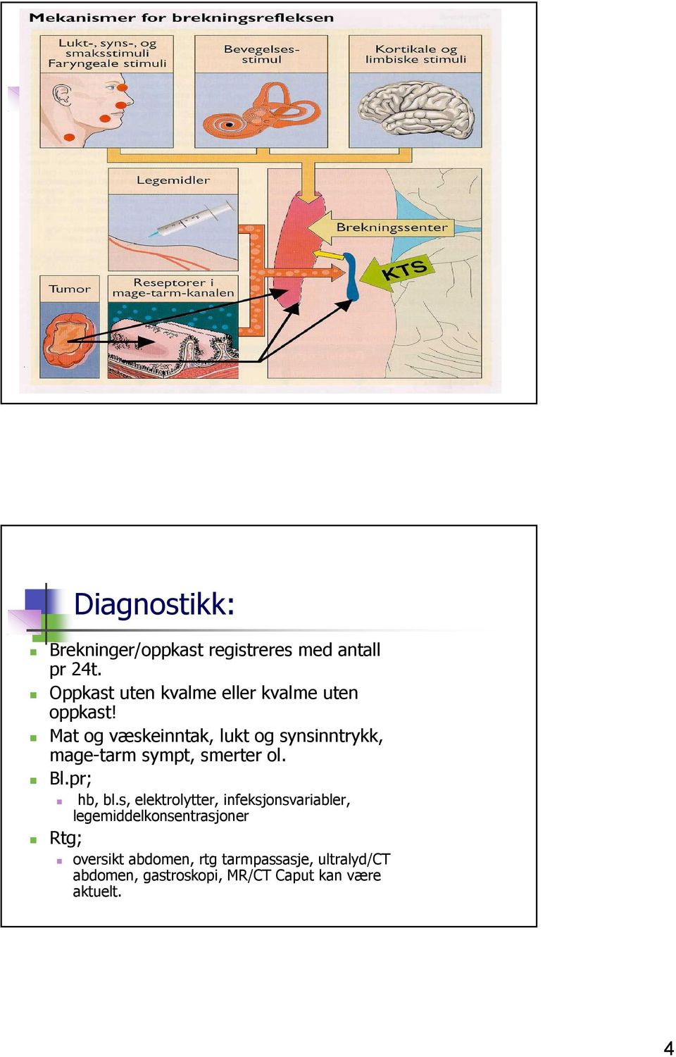 Mat og væskeinntak, lukt og synsinntrykk, mage-tarm sympt, smerter ol. Bl.pr; Rtg; hb, bl.