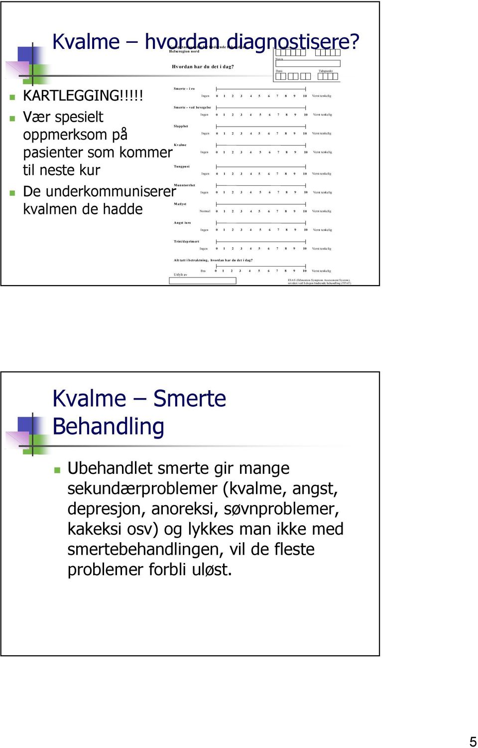 Smerte i ro Smerte ved bevegelse Slapphet K valme Tungpust M unntørrhet M atlyst Angst /uro Navn Dato Fødselsnr.