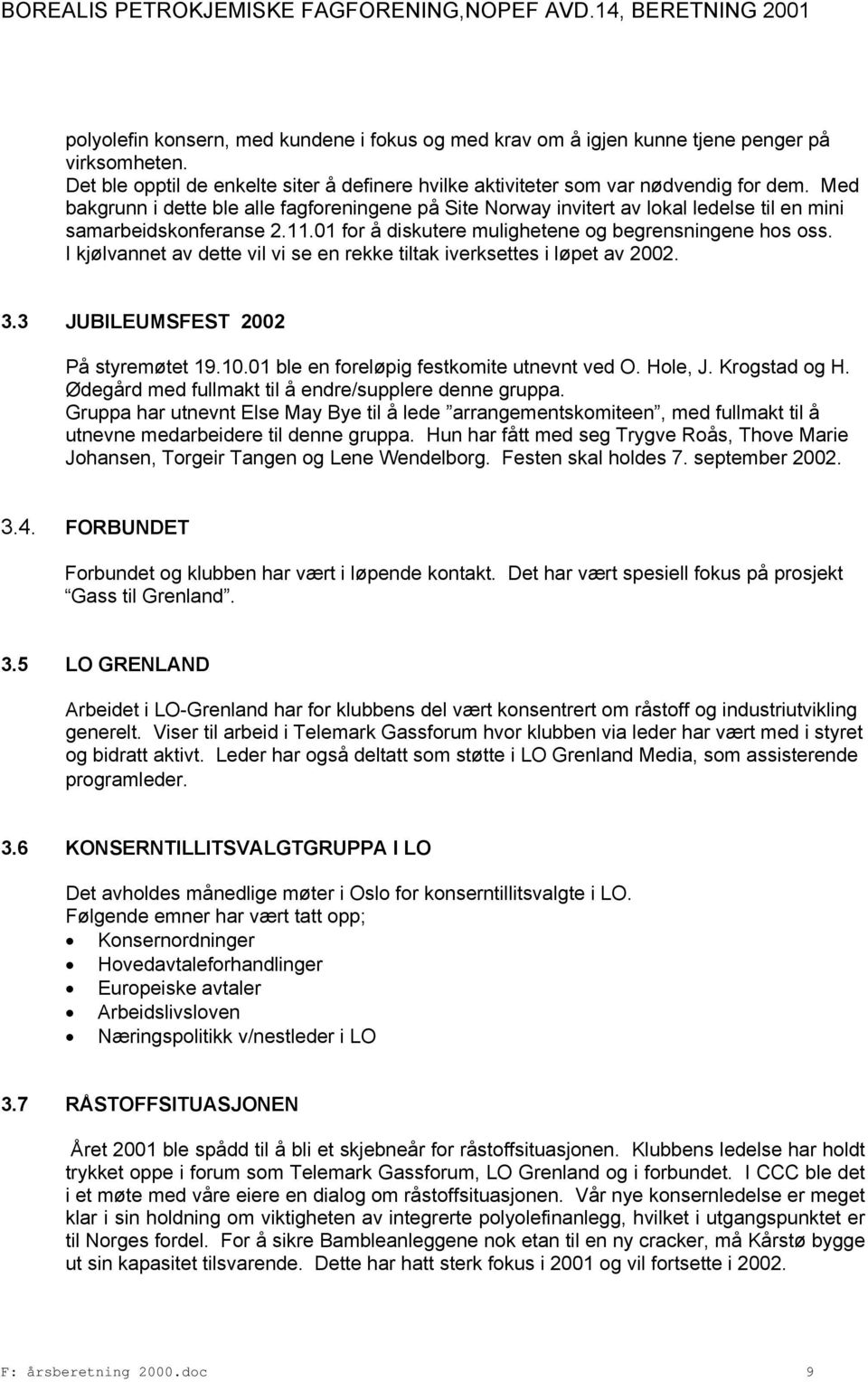 I kjølvannet av dette vil vi se en rekke tiltak iverksettes i løpet av 2002. 3.3 JUBILEUMSFEST 2002 På styremøtet 19.10.01 ble en foreløpig festkomite utnevnt ved O. Hole, J. Krogstad og H.