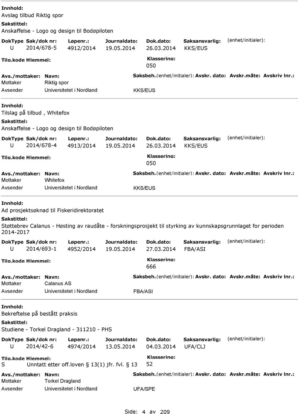 2014 KK/E 050 Mottaker Whitefox niversitetet i Nordland KK/E Ad prosjektsøknad til Fiskeridirektoratet tøttebrev Calanus - Høsting av raudåte - forskningsprosjekt til styrking av kunnskapsgrunnlaget