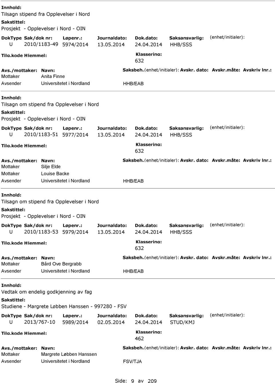 2014 HHB/ 632 Mottaker ilje Elde Mottaker Louise Backe niversitetet i Nordland HHB/EAB Tilsagn om stipend fra Opplevelser i Nord rosjekt - Opplevelser i Nord - ON 2010/1183-53 5979/2014 13.05.