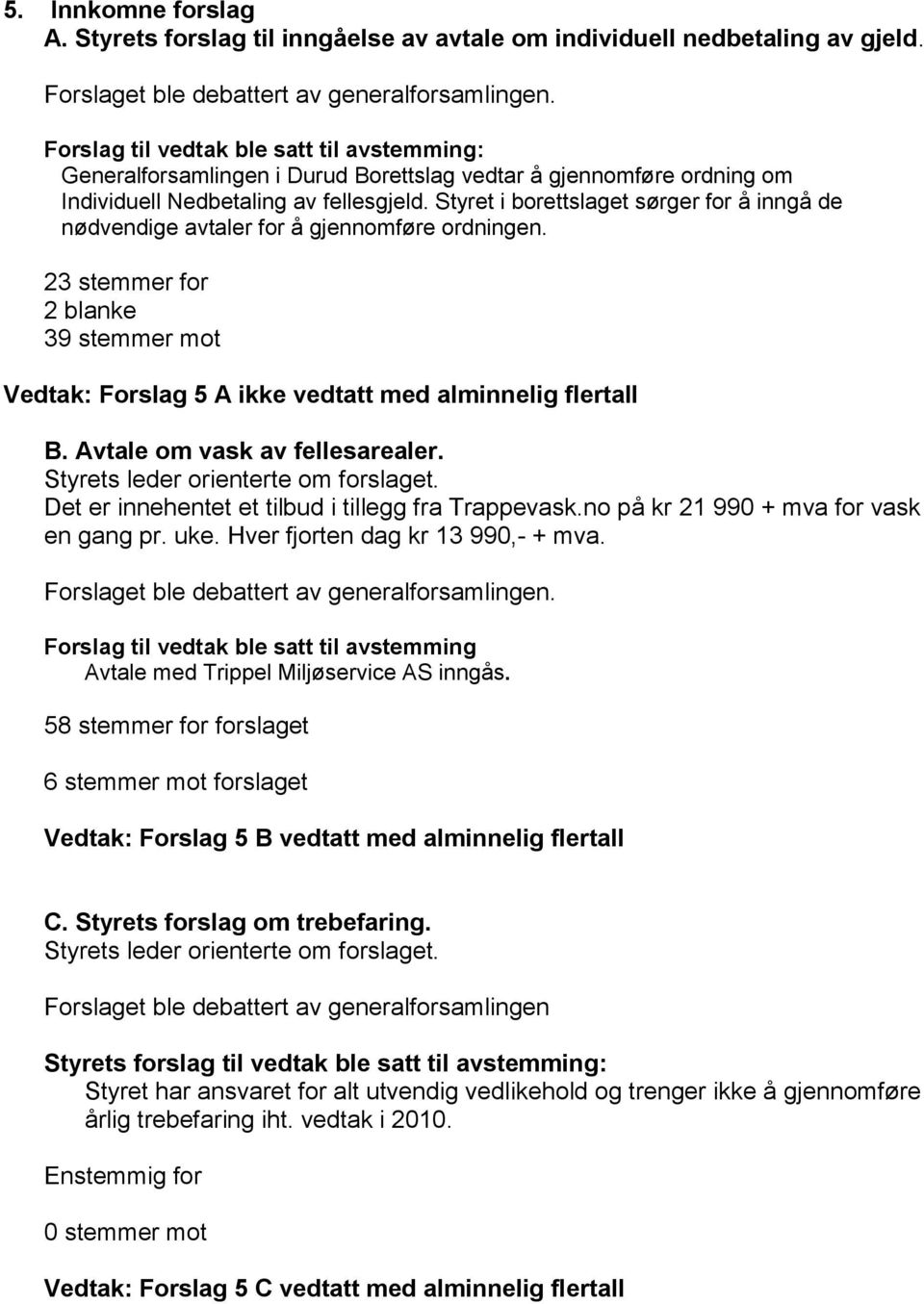 Styret i borettslaget sørger for å inngå de nødvendige avtaler for å gjennomføre ordningen. 23 stemmer for 2 blanke 39 stemmer mot Vedtak: Forslag 5 A ikke vedtatt med alminnelig flertall B.