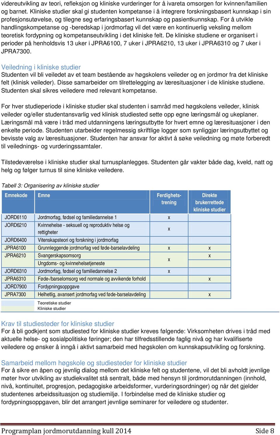 For å utvikle handlingskompetanse og -beredskap i jordmorfag vil det være en kontinuerlig veksling mellom teoretisk fordypning og kompetanseutvikling i det kliniske felt.