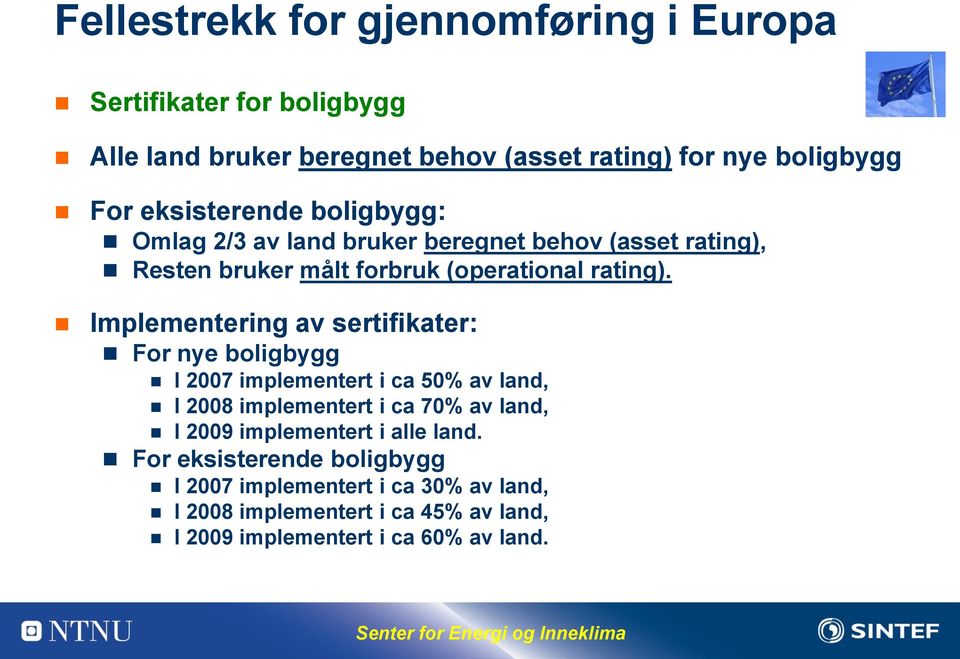 Implementering av sertifikater: For nye boligbygg I 2007 implementert i ca 50% av land, I 2008 implementert i ca 70% av land, I 2009