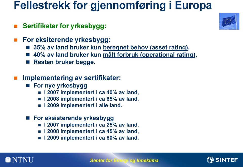 Implementering av sertifikater: For nye yrkesbygg I 2007 implementert i ca 40% av land, I 2008 implementert i ca 65% av land, I