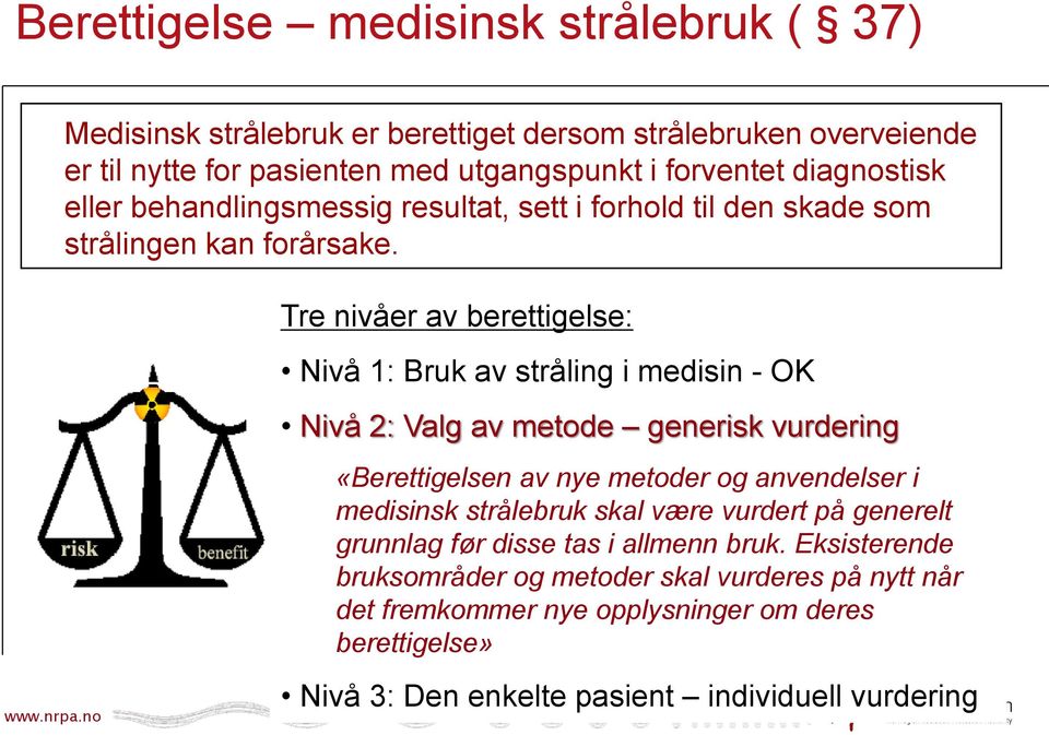 Tre nivåer av berettigelse: Nivå 1: Bruk av stråling i medisin - OK Nivå 2: Valg av metode generisk vurdering «Berettigelsen av nye metoder og anvendelser i medisinsk