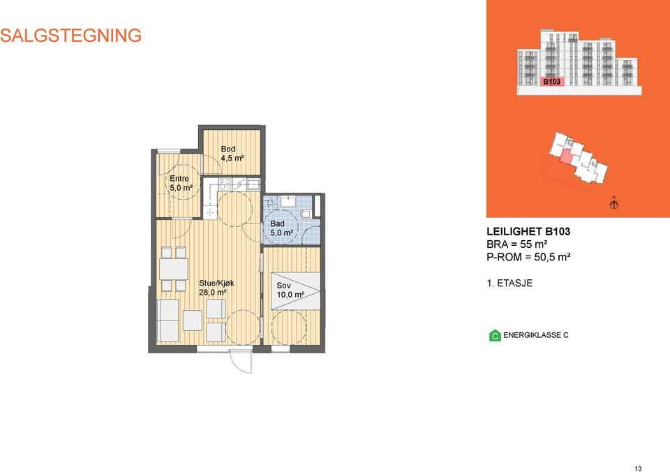 -ROM = 50,5 m² Stue/Kjøk 28,0 m²