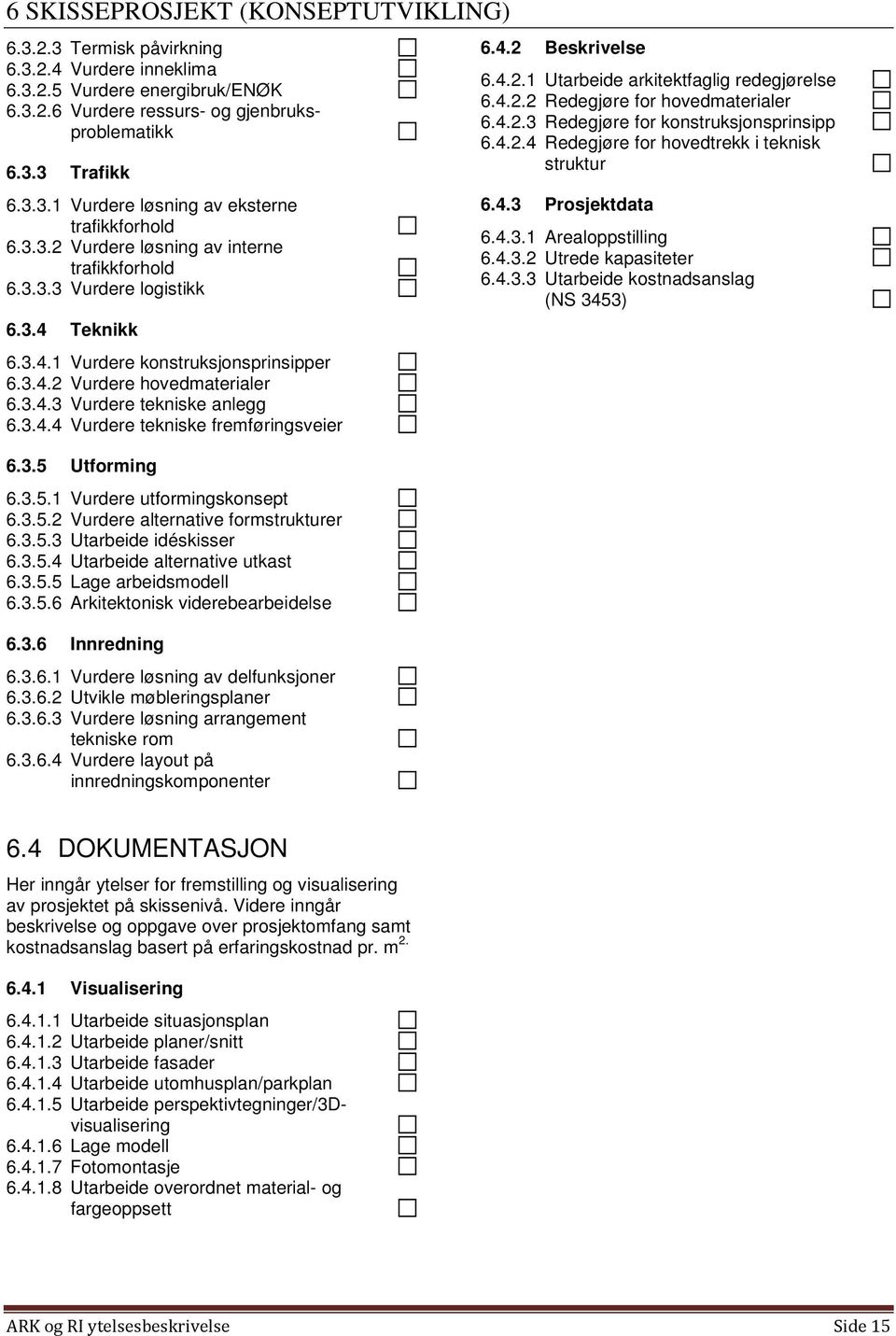 3.5 Utforming 6.3.5.1 Vurdere utformingskonsept 6.3.5.2 Vurdere alternative formstrukturer 6.3.5.3 Utarbeide idéskisser 6.3.5.4 Utarbeide alternative utkast 6.3.5.5 Lage arbeidsmodell 6.3.5.6 Arkitektonisk viderebearbeidelse 6.