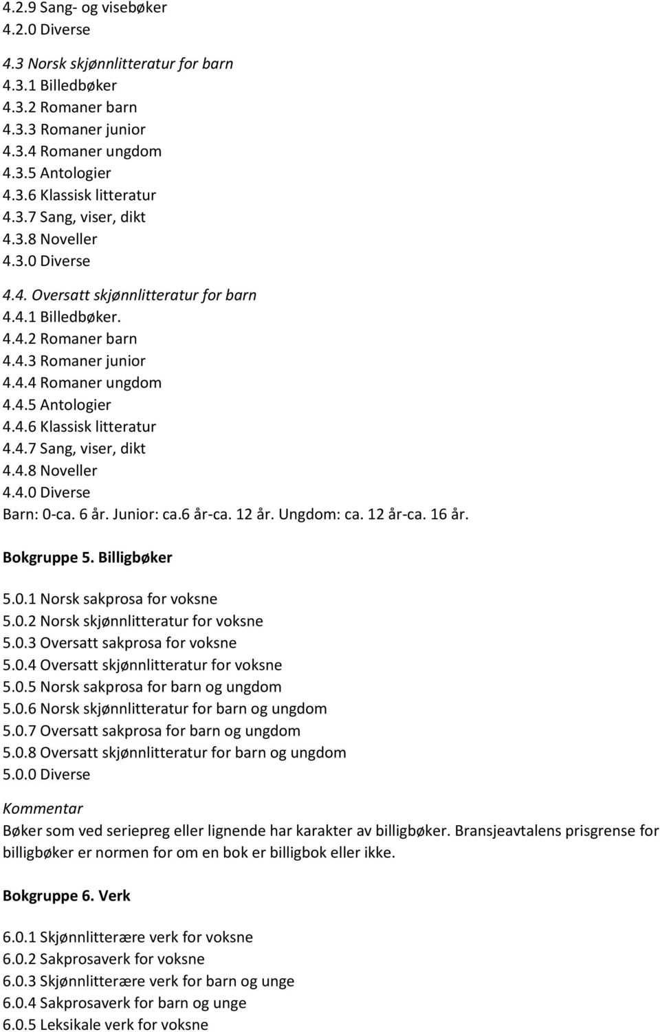 4.7 Sang, viser, dikt 4.4.8 Noveller 4.4.0 Diverse Barn: 0-ca. 6 år. Junior: ca.6 år-ca. 12 år. Ungdom: ca. 12 år-ca. 16 år. Bokgruppe 5. Billigbøker 5.0.1 Norsk sakprosa for voksne 5.0.2 Norsk skjønnlitteratur for voksne 5.