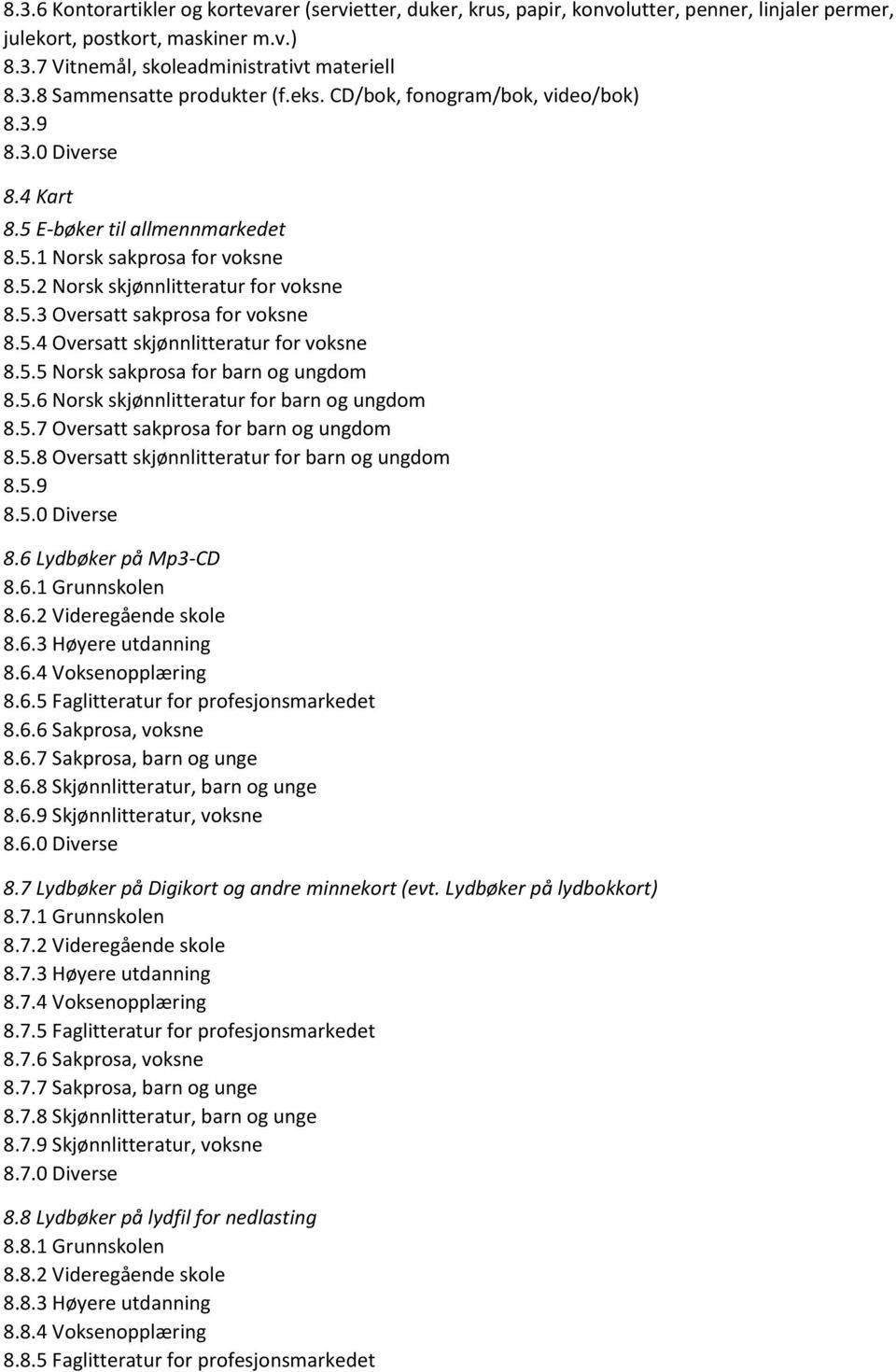 5.4 Oversatt skjønnlitteratur for voksne 8.5.5 Norsk sakprosa for barn og ungdom 8.5.6 Norsk skjønnlitteratur for barn og ungdom 8.5.7 Oversatt sakprosa for barn og ungdom 8.5.8 Oversatt skjønnlitteratur for barn og ungdom 8.