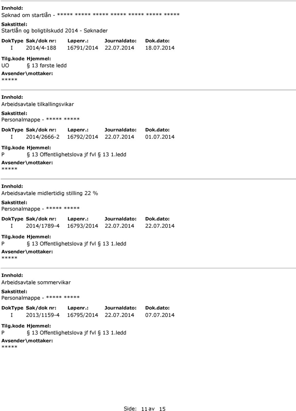 07.2014 Arbeidsavtale midlertidig stilling 22 % ersonalmappe - 2014/1789-4 16793/2014