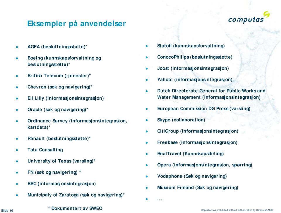 (informasjonsintegrasjon) Municipaly of Zaratoga (søk og navigering)* Statoil (kunnskapsforvaltning) ConocoPhilips (beslutningsstøtte) Joost (informasjonsintegrasjon) Yahoo!