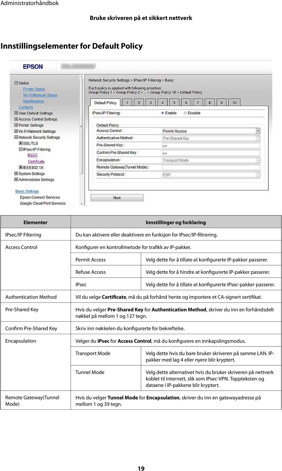 Velg dette for å hindre at konfigurerte IP-pakker passerer. Velg dette for å tillate at konfigurerte IPsec-pakker passerer.