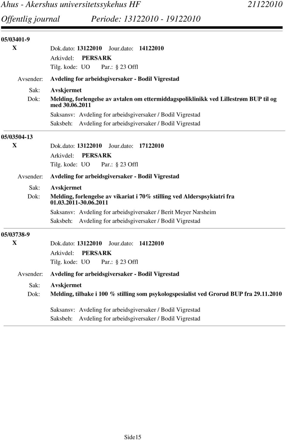 dato: 17122010 Avdeling for arbeidsgiversaker - Bodil Vigrestad Melding, forlengelse av vikariat i 70% stilling ved Alderspsykiatri fra 01.03.2011-30.06.