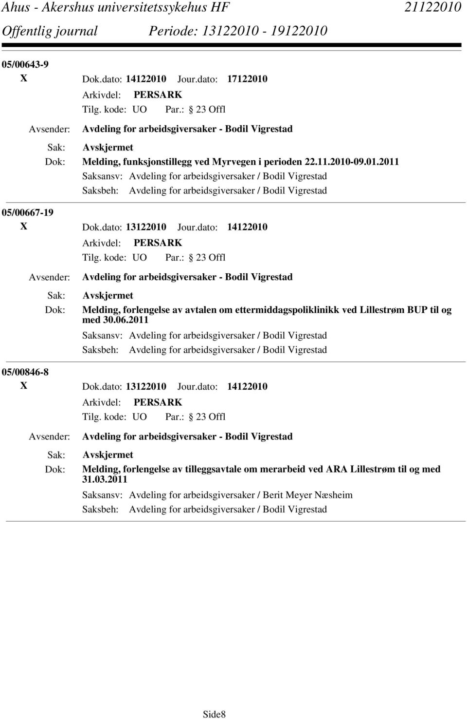 2011 Saksansv: Avdeling for arbeidsgiversaker / Bodil Vigrestad Saksbeh: Avdeling for arbeidsgiversaker / Bodil Vigrestad 05/00846-8 X Dok.dato: 13122010 Jour.