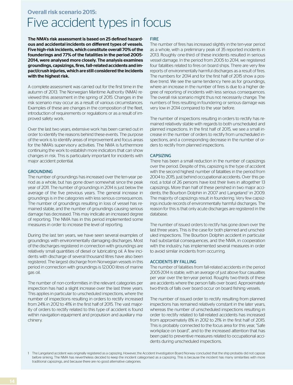 The analysis examines groundings, capsizings, fires, fall-related accidents and impact/crush injuries, which are still considered the incidents with the highest risk.