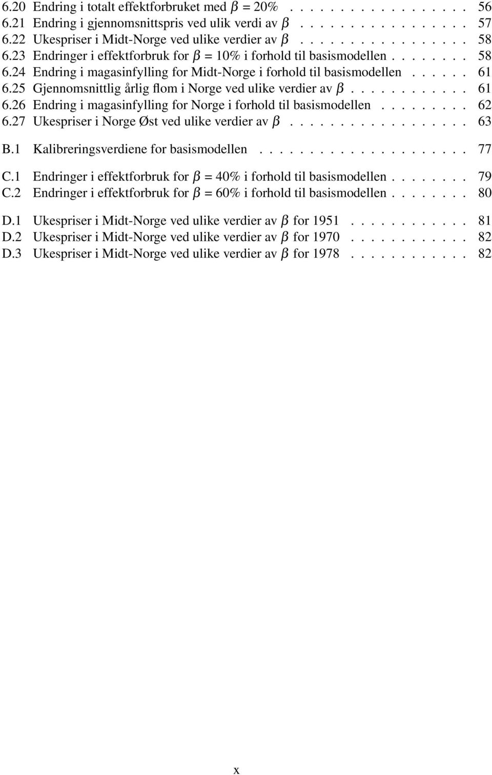 25 Gjennomsnittlig årlig flom i Norge ved ulike verdier av β............ 61 6.26 Endring i magasinfylling for Norge i forhold til basismodellen......... 62 6.