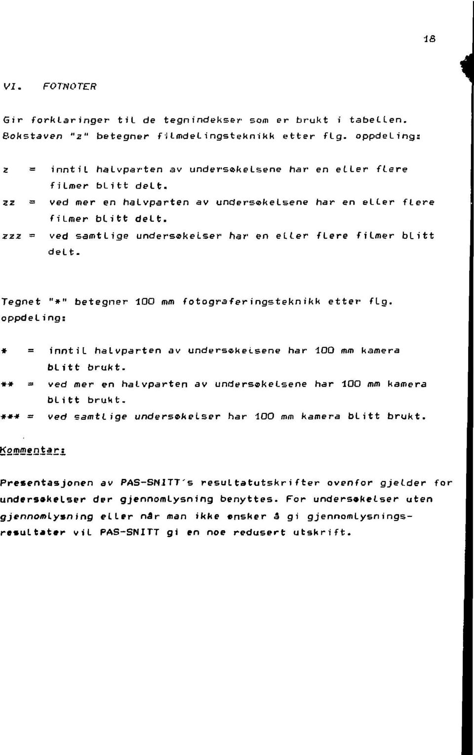 zzz = ved samtlige undersakelser har en eller flere filmer blitt delt. Tegnet "*" betegner 100 mm fotograferingsteknikk etter fig.