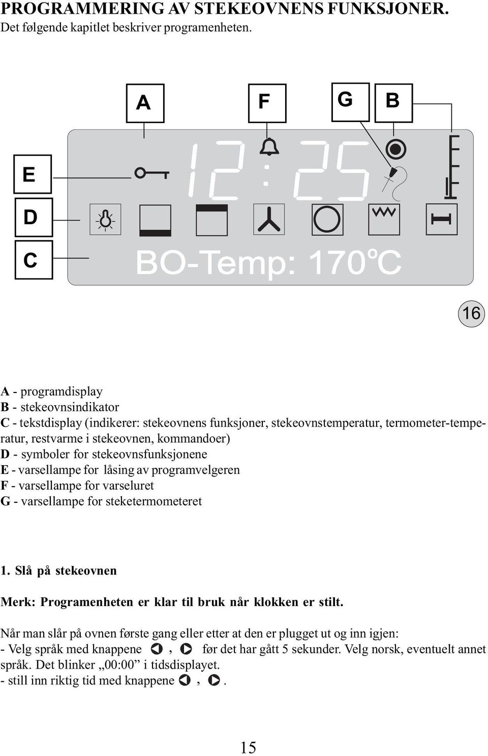 kommandoer) D - symboler for stekeovnsfunksjonene E - varsellampe for låsing av programvelgeren F - varsellampe for varseluret G - varsellampe for steketermometeret 1.