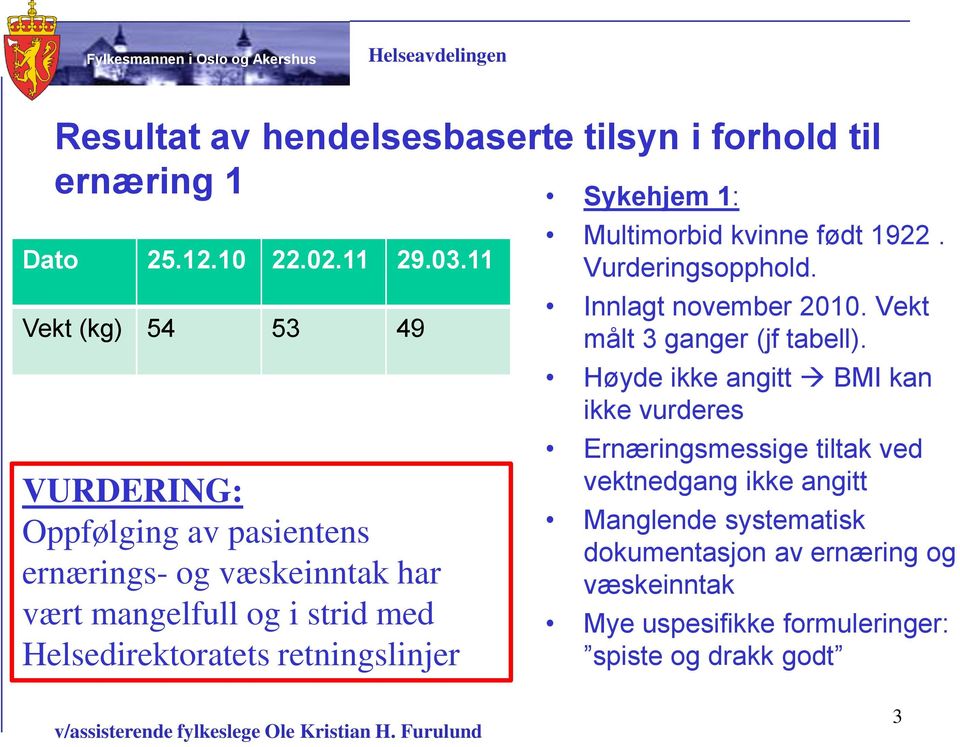 retningslinjer Sykehjem 1: Multimorbid kvinne født 1922. Vurderingsopphold. Innlagt november 2010. Vekt målt 3 ganger (jf tabell).