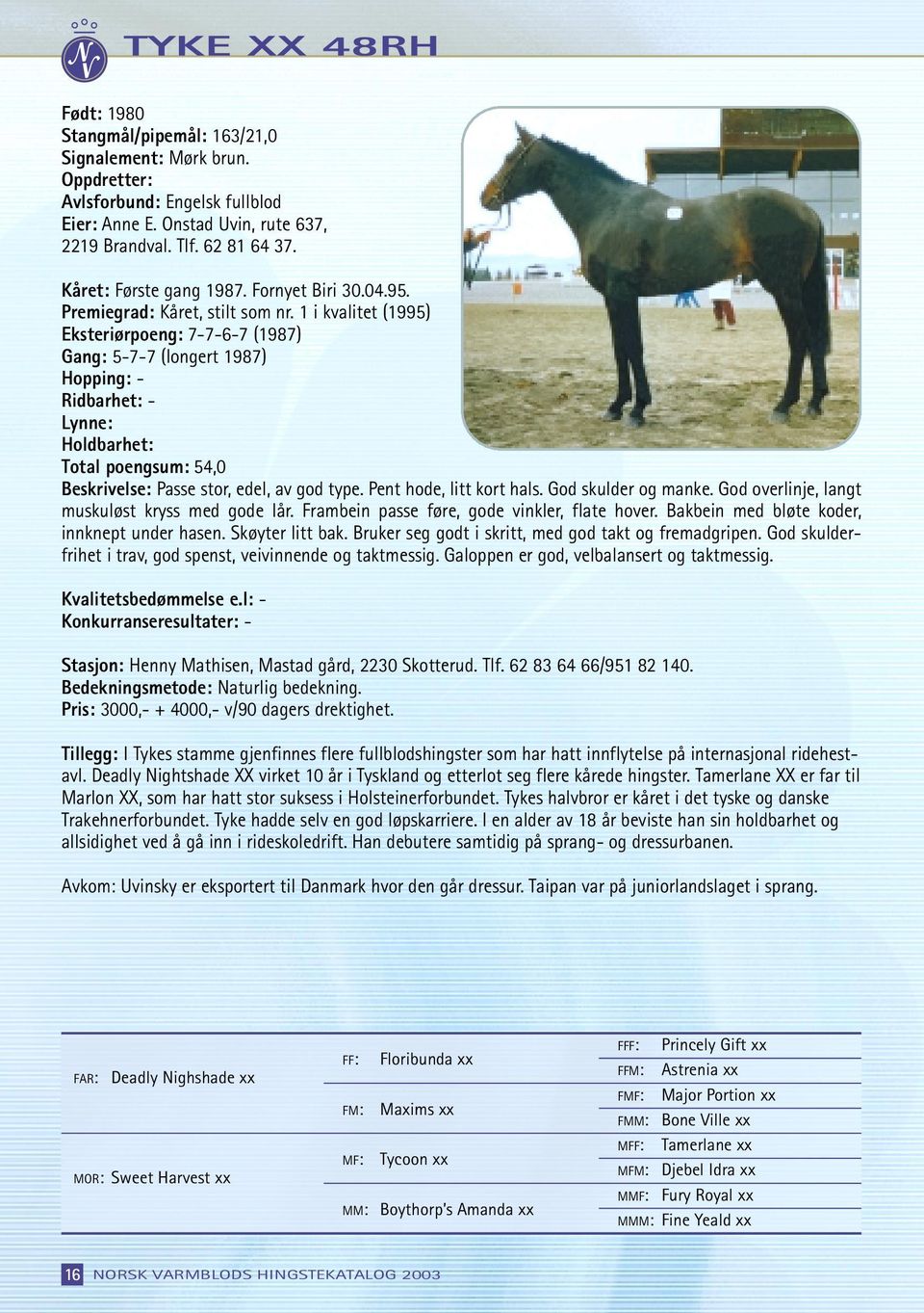 1 i kvalitet (1995) Eksteriørpoeng: 7-7-6-7 (1987) Gang: 5-7-7 (longert 1987) Hopping: - Ridbarhet: - Lynne: Holdbarhet: Total poengsum: 54,0 Beskrivelse: Passe stor, edel, av god type.