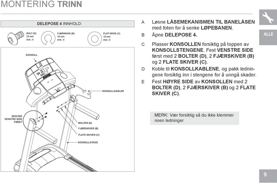 Fest venstre side først med 2 bolter (d), 2 fjærskiver (b) og 2 flate skiver (c). D Koble til konsollkablene, og pakk ledningene forsiktig inn i stengene for å unngå skader.