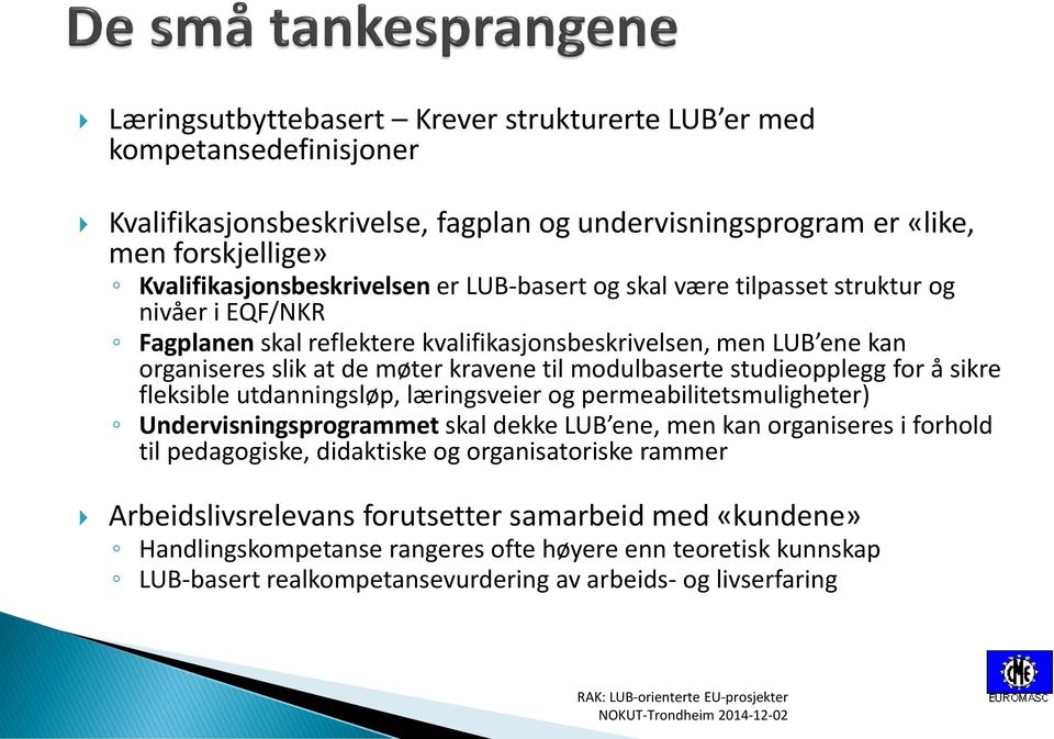 studieopplegg for å sikre fleksible utdanningsløp, læringsveier og permeabilitetsmuligheter) Undervisningsprogrammet skal dekke LUB ene, men kan organiseres i forhold til pedagogiske, didaktiske og