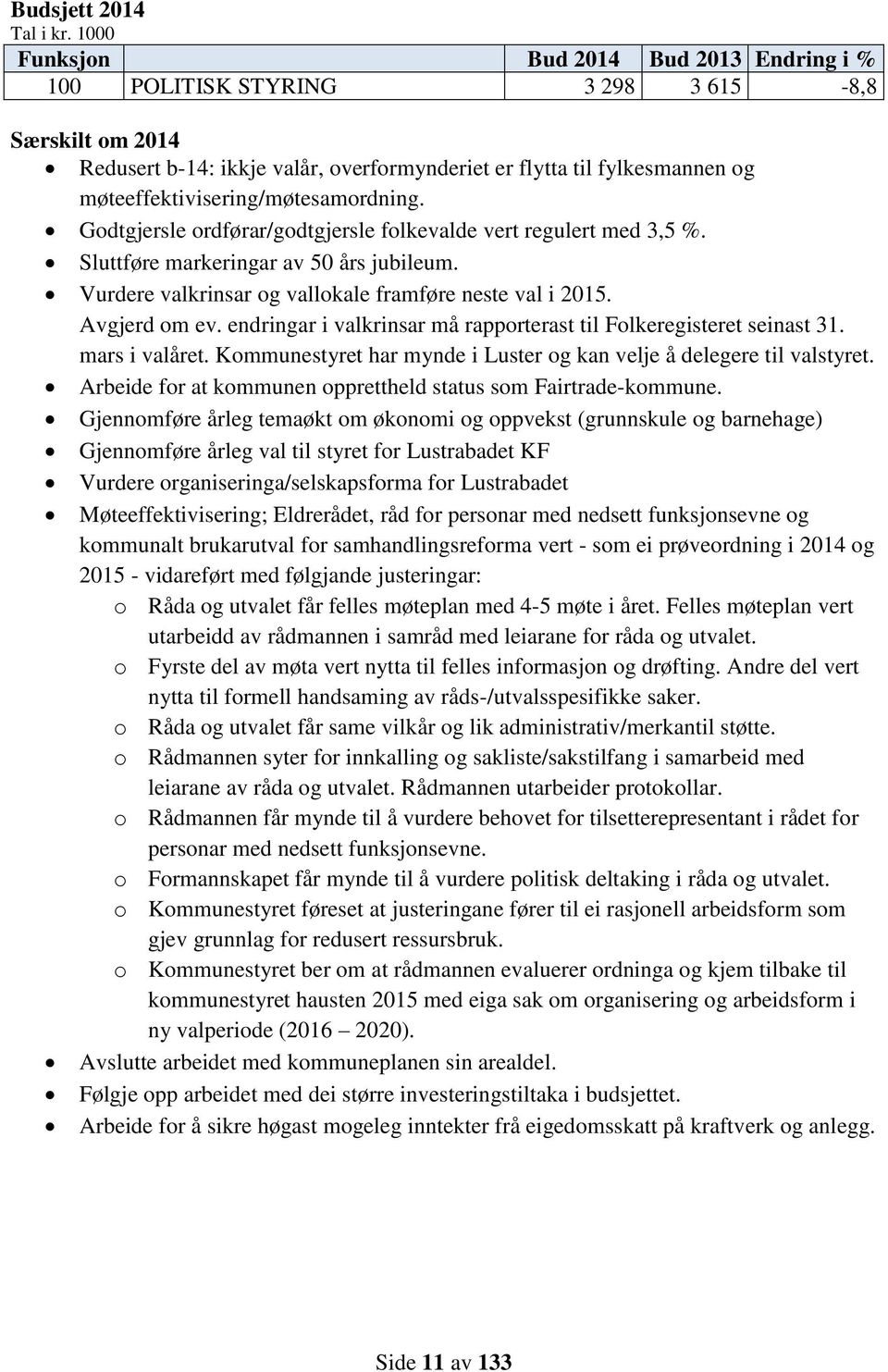 møteeffektivisering/møtesamordning. Godtgjersle ordførar/godtgjersle folkevalde vert regulert med 3,5 %. Sluttføre markeringar av 50 års jubileum.