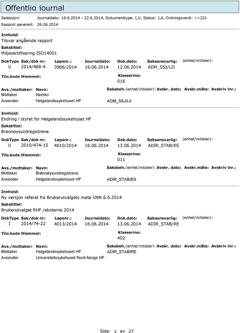 : Mottaker Nemko Avsender Helgelandssykehuset HF ADM_SSJ/L nnhold: Endring i styret for Helgelandssykehuset HF Brønnøysundregistrene 2010/474-15 4010/2014 13.06.2014 ADR_STAB/ES 011 Avs.