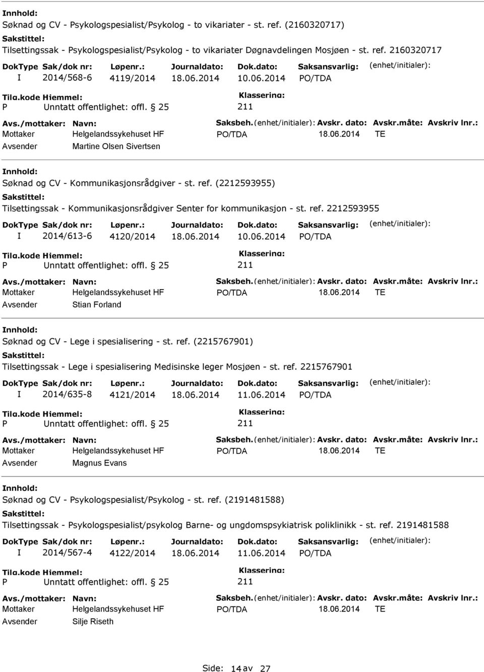 ref. (2215767901) Tilsettingssak - Lege i spesialisering Medisinske leger Mosjøen - st. ref. 2215767901 2014/635-8 4121/2014 11.06.2014 Avs./mottaker: Navn: Saksbeh. Avskr. dato: Avskr.