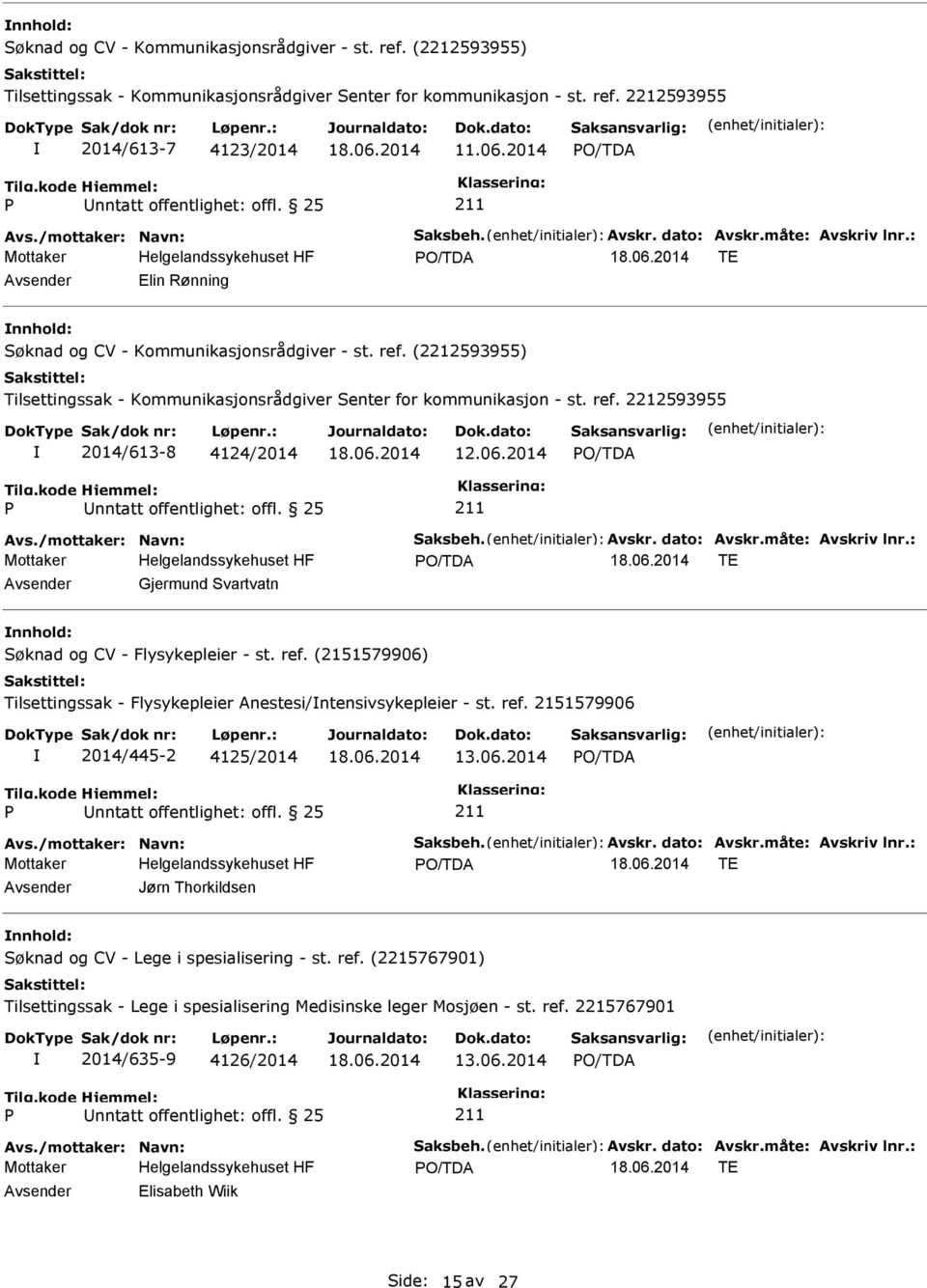 : TE Avsender Jørn Thorkildsen nnhold: Søknad og CV - Lege i spesialisering - st. ref. (2215767901) Tilsettingssak - Lege i spesialisering Medisinske leger Mosjøen - st. ref. 2215767901 2014/635-9 4126/2014 13.