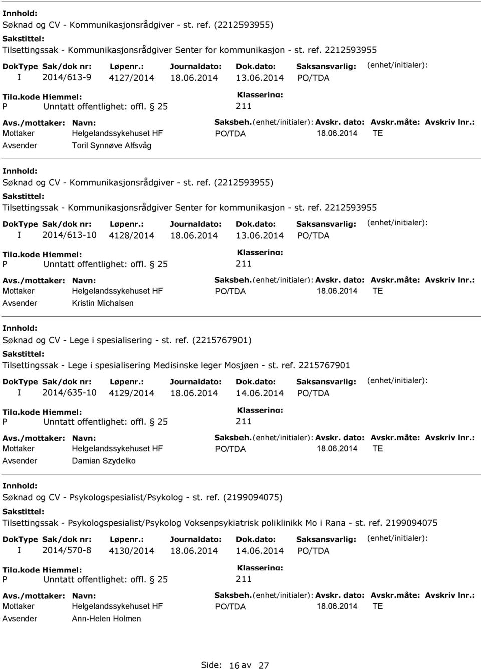 måte: Avskriv lnr.: TE Avsender Damian Szydelko nnhold: Søknad og CV - sykologspesialist/sykolog - st. ref.