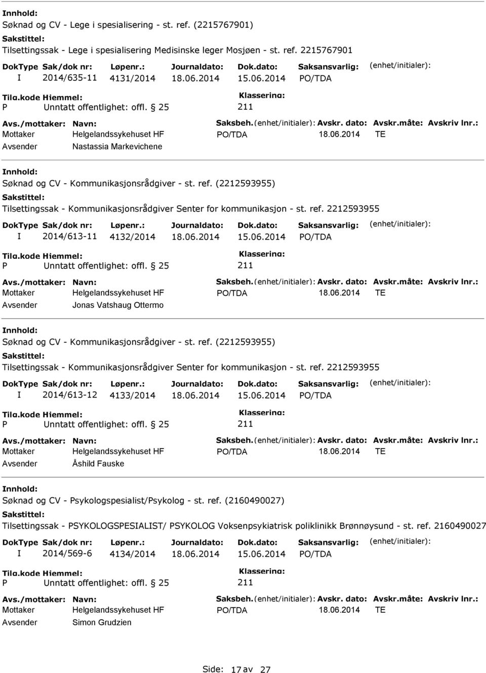 06.2014 Avs./mottaker: Navn: Saksbeh. Avskr. dato: Avskr.måte: Avskriv lnr.: TE Avsender Åshild Fauske nnhold: Søknad og CV - sykologspesialist/sykolog - st. ref.